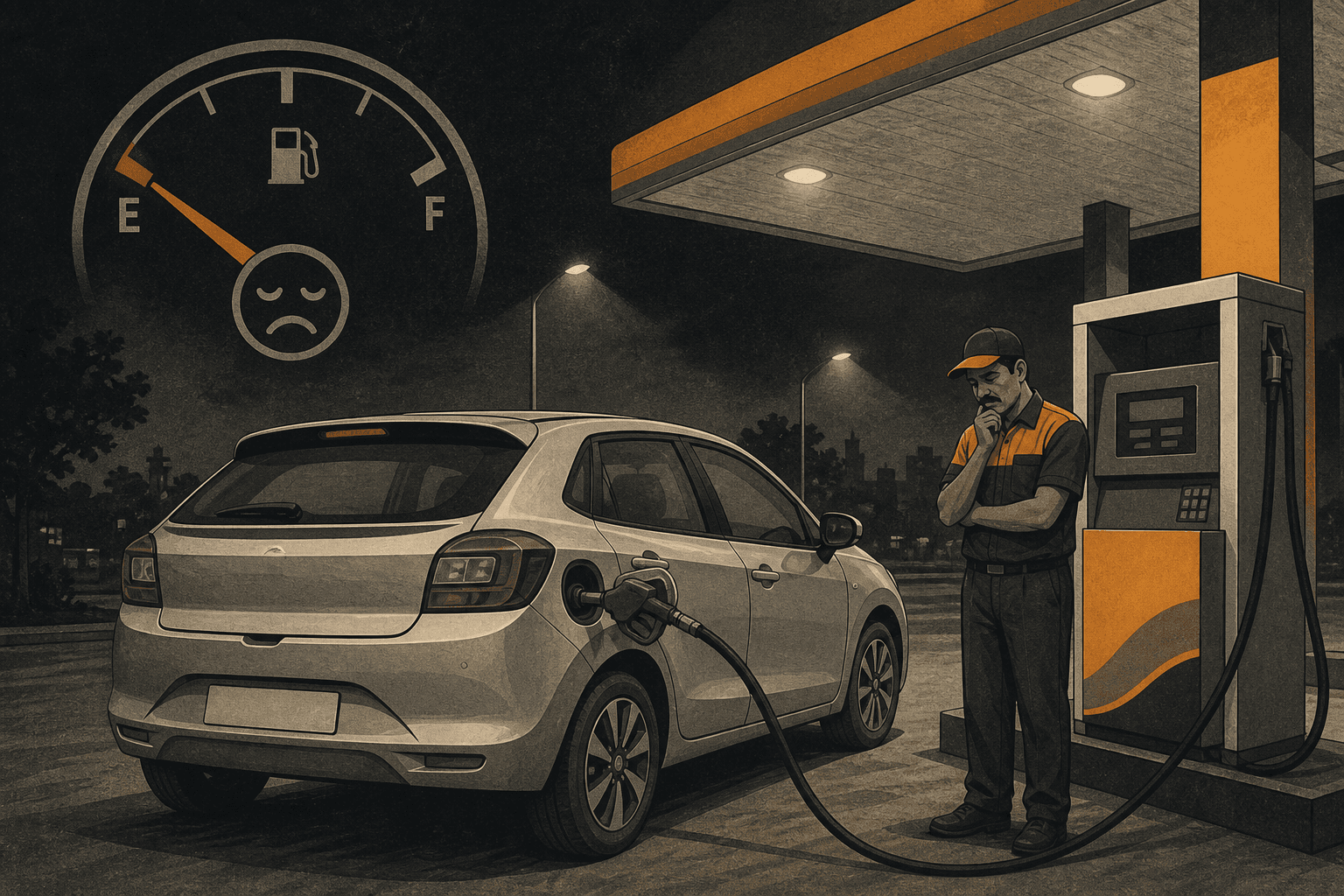 Illustration of a compact hatchback at a night petrol pump with a falling mileage gauge