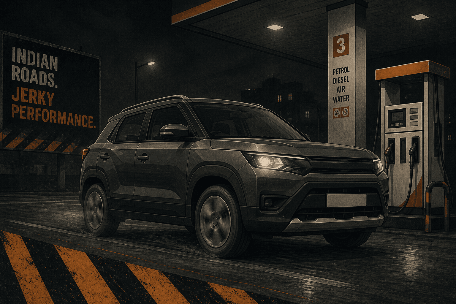 Illustration of a compact crossover at a night forecourt with jerky motion mood