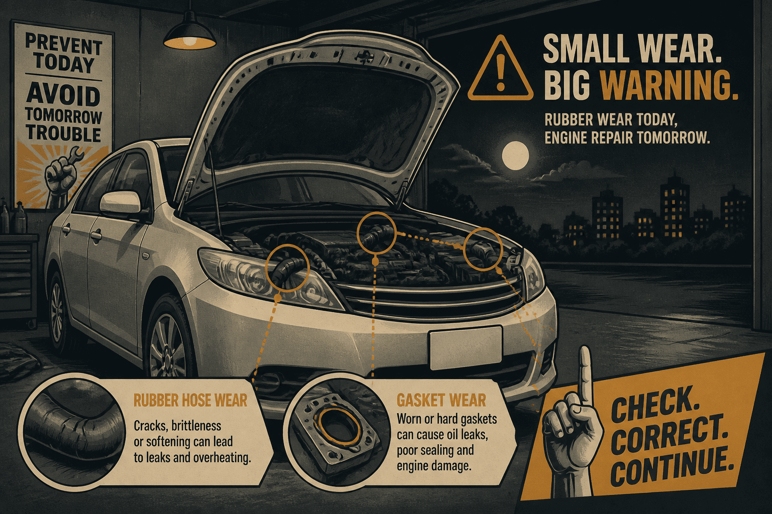 Illustration of a family sedan with open engine bay, hose and gasket wear highlighted
